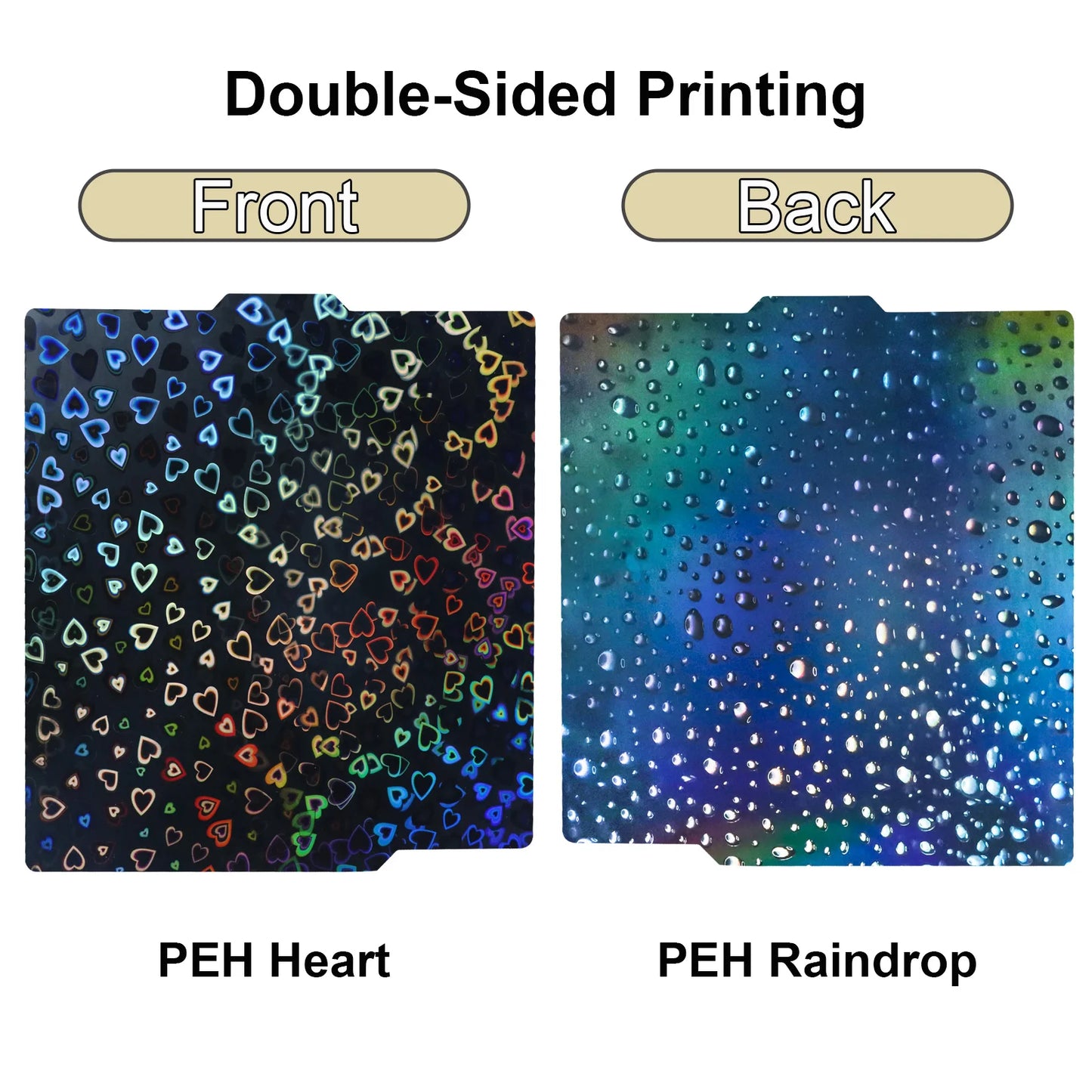 PFE - Plaque double face PEH – pour imprimante Bambu Lab A1/P1S/X1C/X1E – tôle acier 257×257 mm – motif Heart / Raindrop