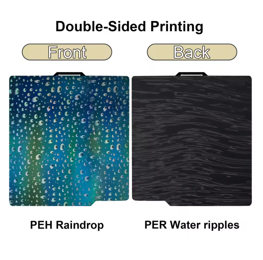 PFE - Plaque double face PEH/PER – pour imprimante Bambu Lab A1/P1S/X1C/X1E – tôle acier 257×257 mm – motif Raindrop / Water ripples