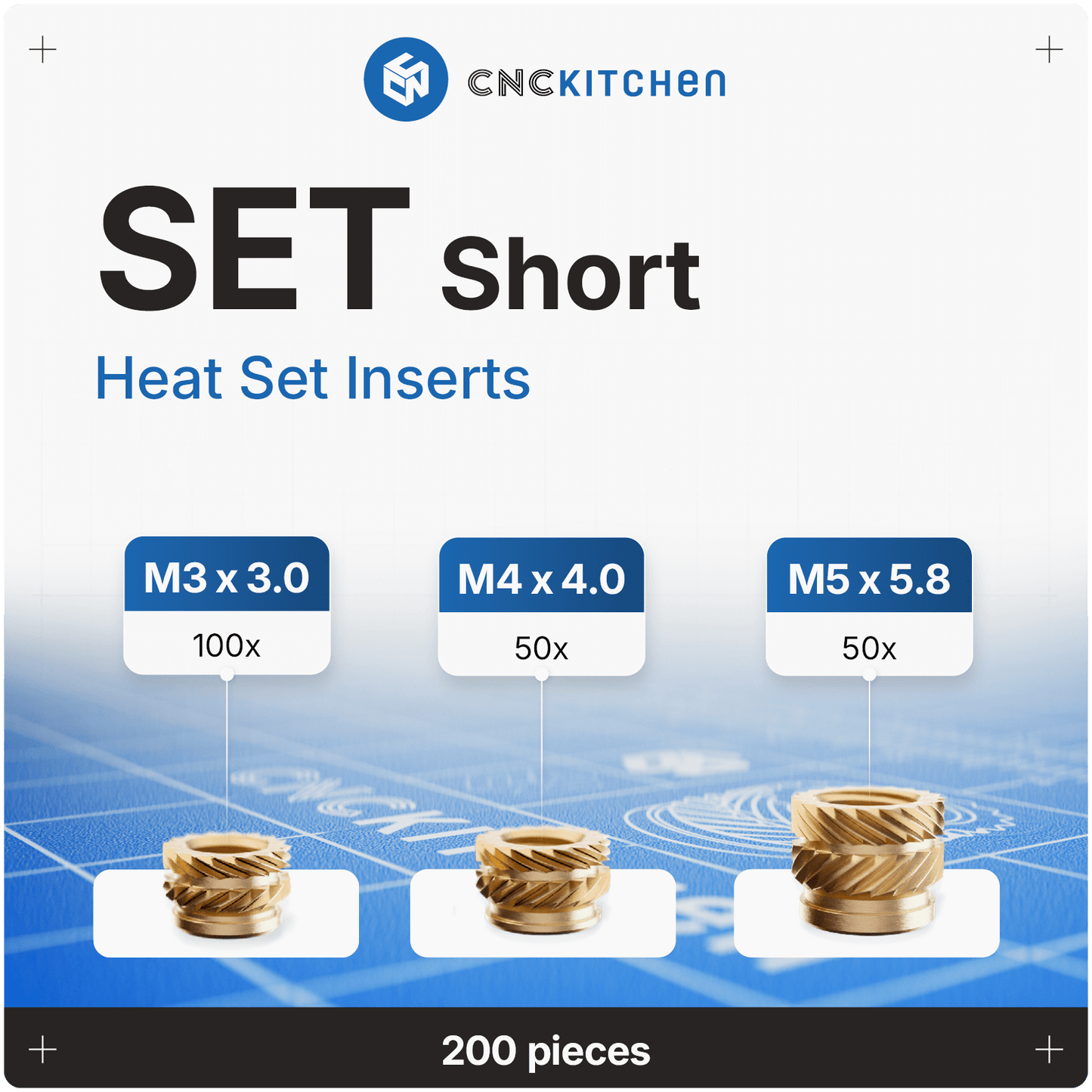 CNC Kitchen - Inserts Filetés Set Court - Lot de 200 pièces