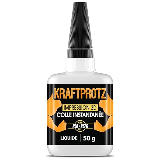 Colle Liquide pour PLA Impression 3D Extra Forte 50 g – Super Glue XXL pour ABS, PETG & TPU – Capillaire, Transparente & Résistante à l'Eau – Aiguille Anti-Séchage – KRAFTPROTZ