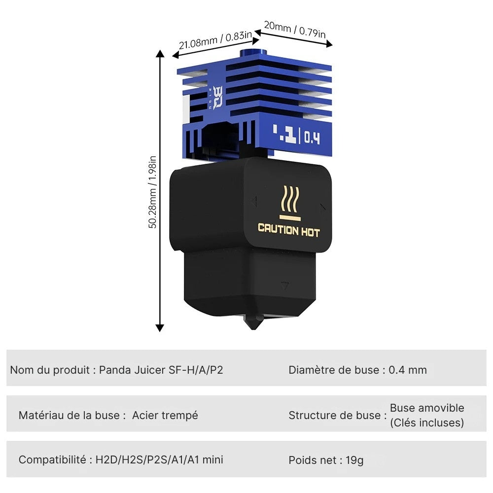 BIQU - Panda Juicer - Hotend à Débit Standard avec Buse de 0,4 mm en Acier Trempé pour Bambu Lab Séries A1/H2/P2 (Hotend Standard Flow with 0.4mm Hardened Steel Nozzle)