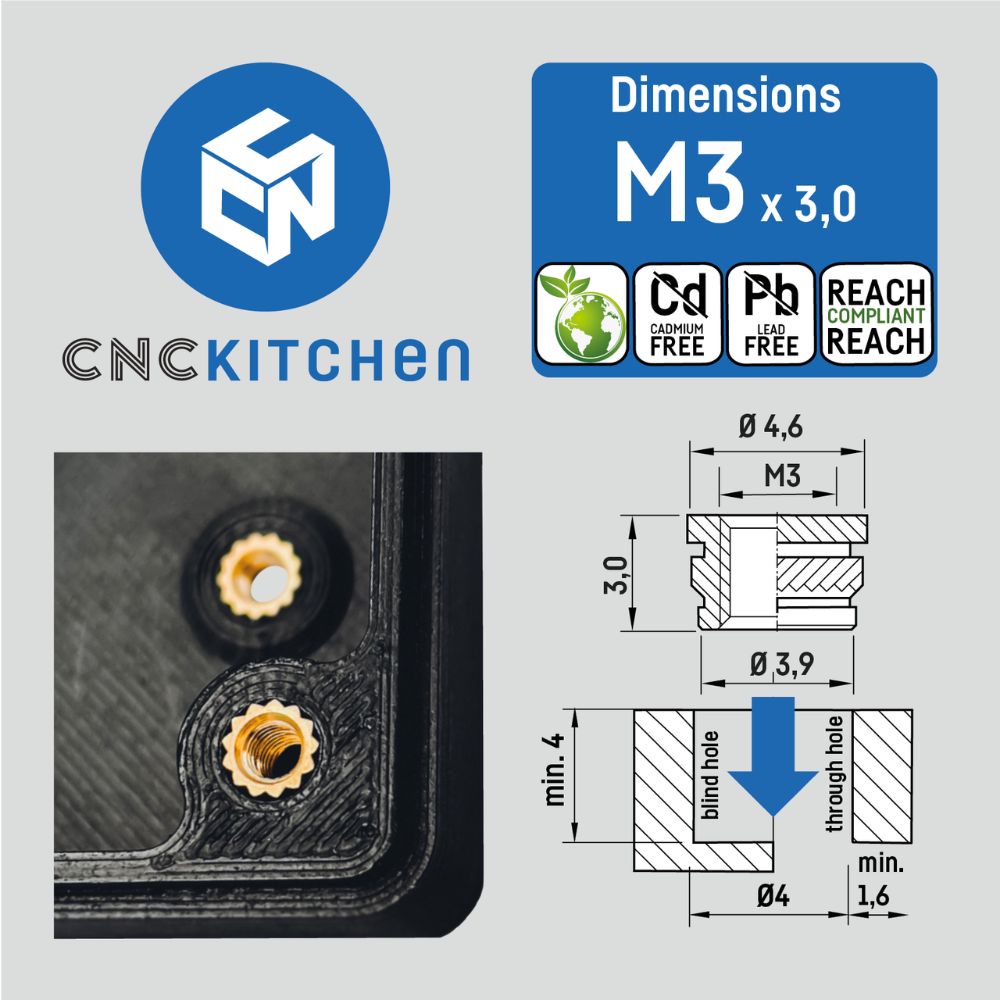 CNC Kitchen - Inserts Filetés M3x3.0 Courts - Lot de 100 pièces