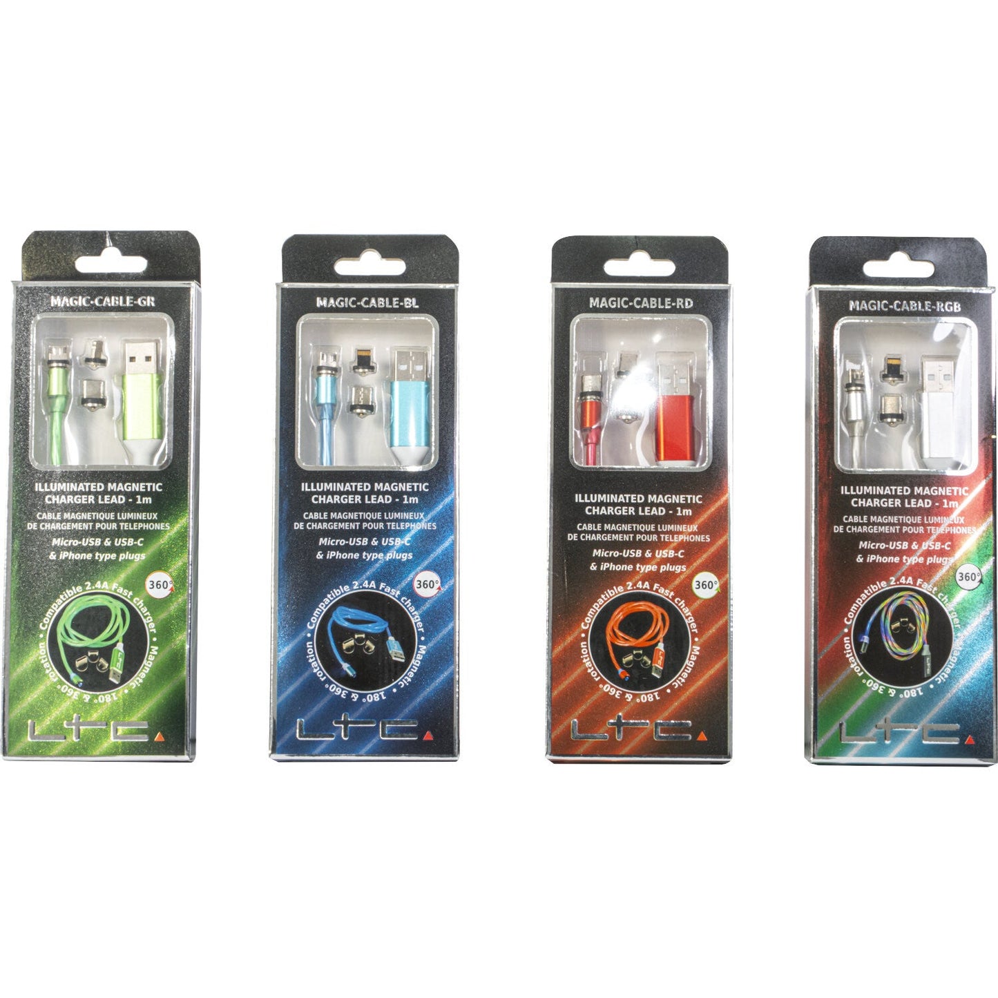 Magic-Cable-RD - Câble de Charge Magnétique multi embout USB micro/USB/Iphone  Lumineux Rouge - 1 m