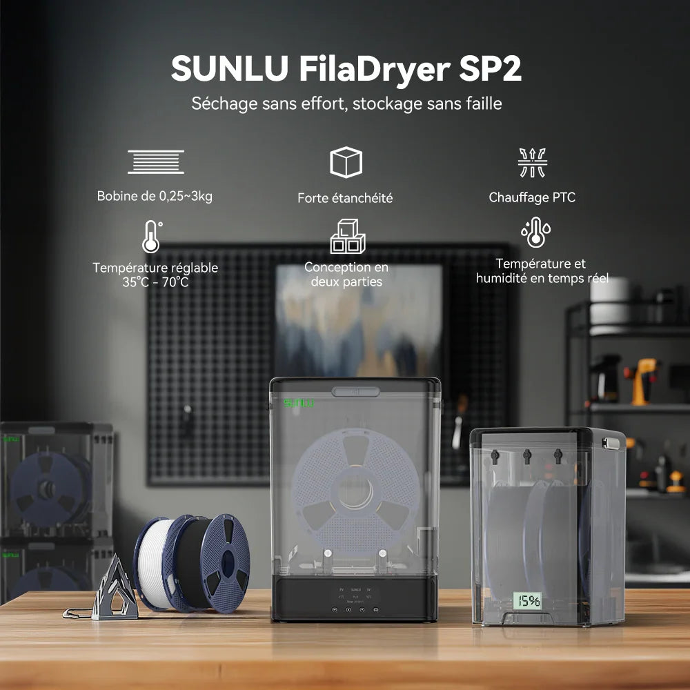 Pack Sunlu FilaDryer SP2 - 2 Boite de stockage + Base Chauffante + 2 Bobines PLA+2.0 Noir 1 kg