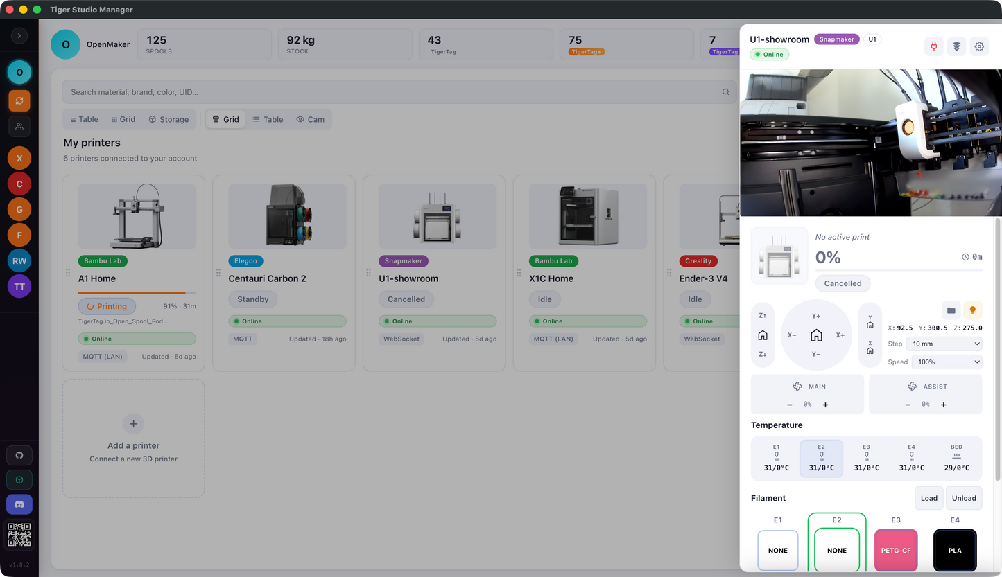 Tiger Studio Manager — les imprimantes et leurs slots de filament