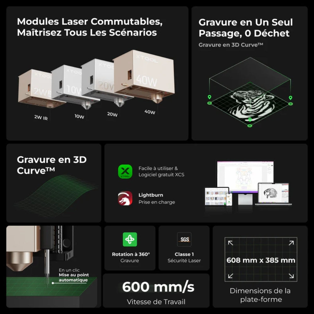 xTool - Pack Basic S1 - Découpe et Graveur Laser - Noir - 20W